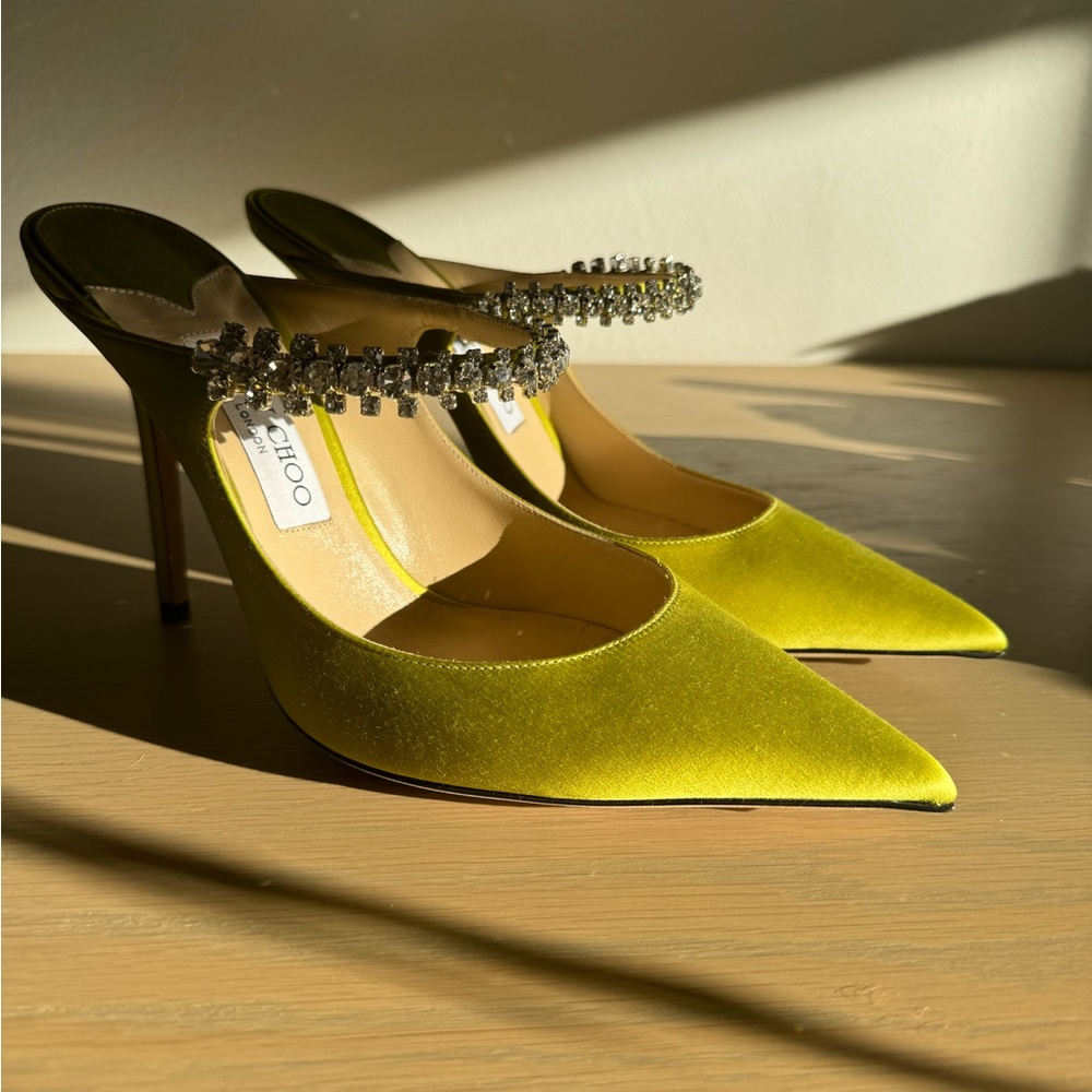 Jimmy Choo chartreuse green lime satin crystal high heels